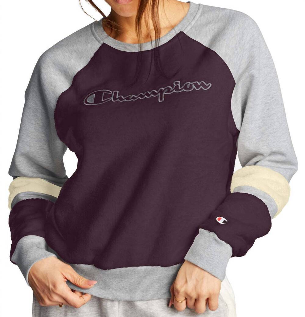 NEW CHAMPION super fleece faux fur colorblocked metallic logo sweatshirt in rais